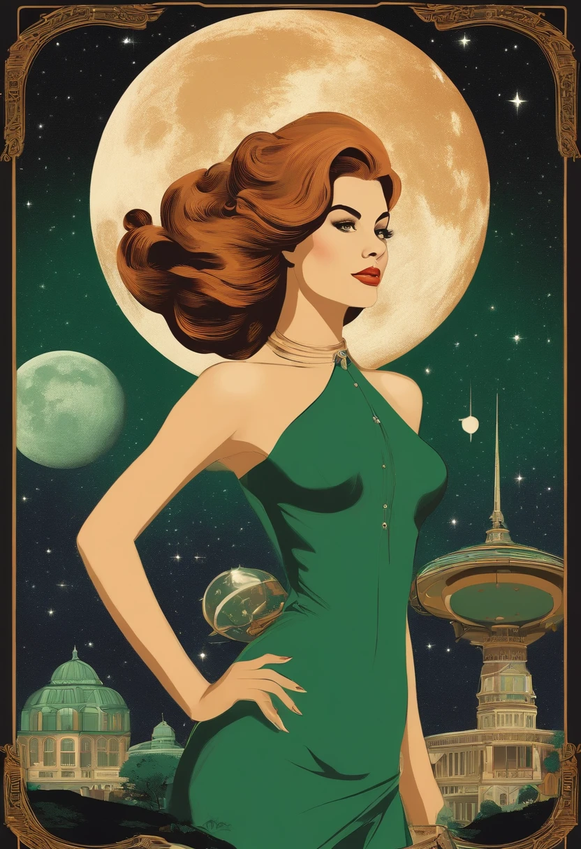 (Masterpiece), (Best quality), (best detail), (Distant general view), (Paper with worn edges),(The main color of the illustration: Emerald green), (Secondary color: Cinnamon), A group of very beautiful schoolgirls in sexy poses, Very detailed face, Vintage advertising poster with futuristic lettering 60', Western futuristic scenery, Night (Many stars, Moon), Shading (Detailed, large contrast)