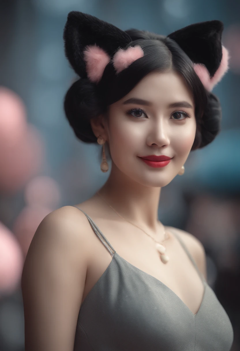 black hair, hair bobbles, wince, longeyelashes, solid circle eyes, fake animal ears, light smile, ear blush, fang, Surrealism, drop shadow, anaglyph, stereogram, tachi-e, pov, atmospheric perspective, 8k, super detail, ccurate, best quality, photo colorful