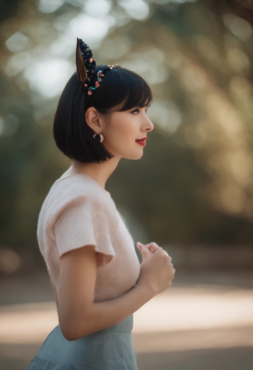 black hair, hair bobbles, wince, longeyelashes, solid circle eyes, fake animal ears, light smile, ear blush, fang, Surrealism, drop shadow, anaglyph, stereogram, tachi-e, pov, atmospheric perspective, 8k, super detail, ccurate, best quality, photo colorful