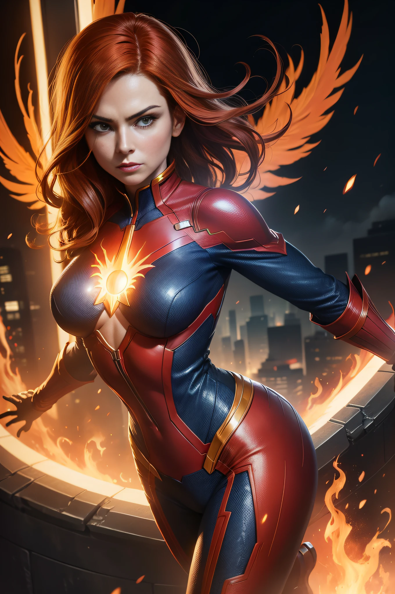 Jean Grey , personagem de desenho , marvel , ultra realismo , phoenix , corpo inteiro , hero outfit ,X symbol on the chest, X-men , cinematic lighthing , tudo muito definido ,8k , Definition in image , Phoenix on fire in the background ,