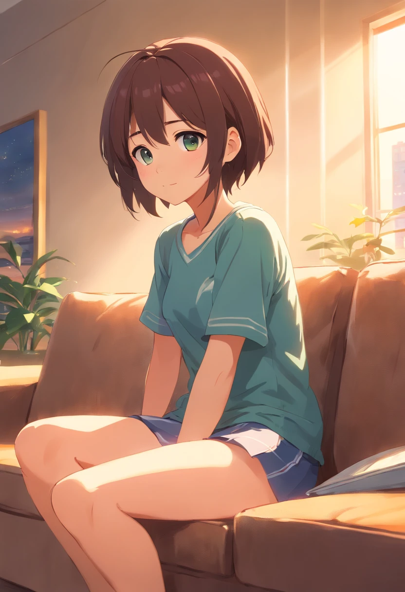 1girll,Sit on a comfortable sofa,Cross ed leg,Soft light
