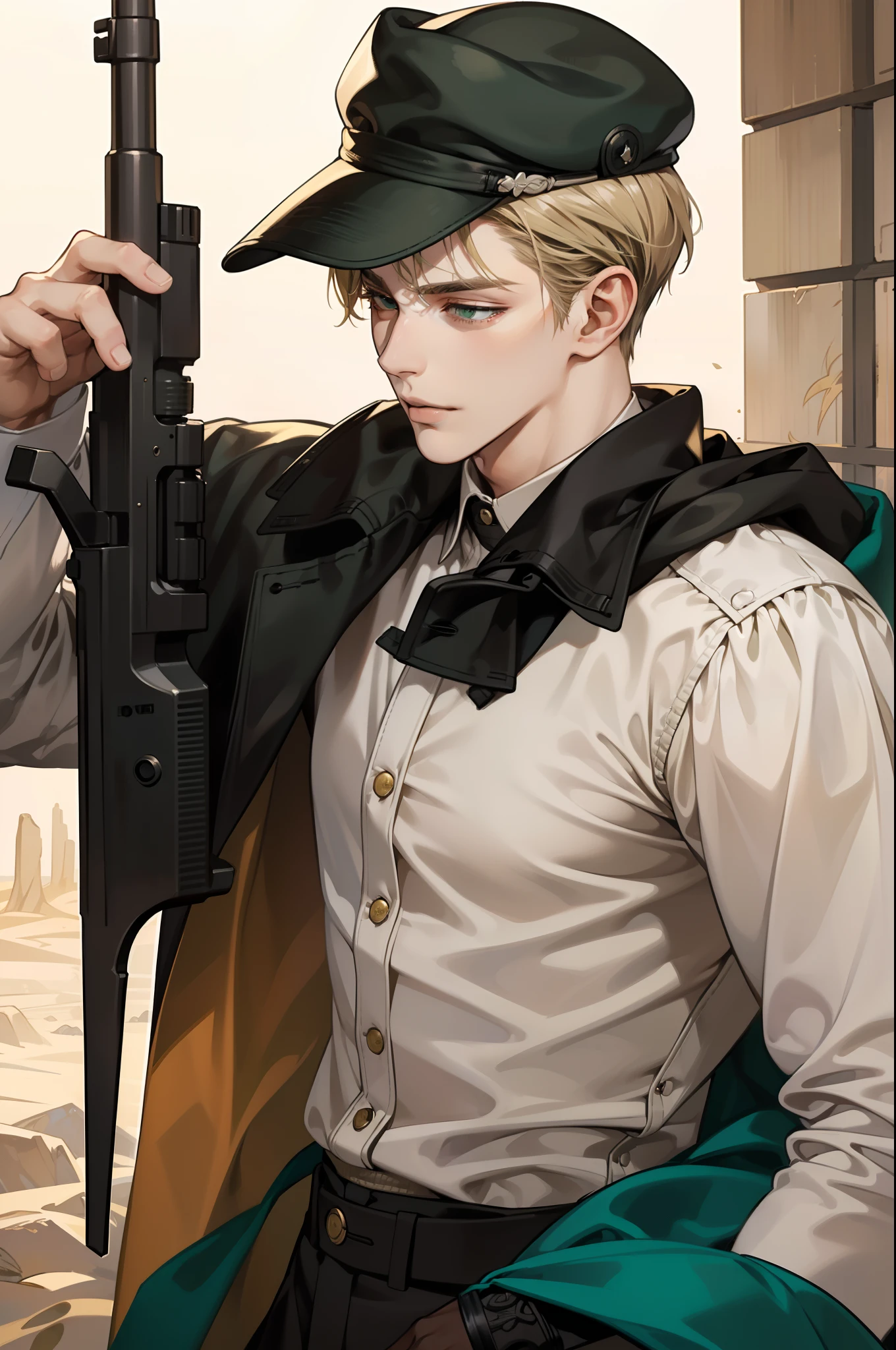 masterpiece, best quality, realistic, 1man, mature male, quiet and charming young man, 18 years old, close his eyes, smirk, closed mouth, extremely detailed face, a little distant, ((dark green eyes)), ((short-side-swept sandy blonde hair)), [thick eyebrows], (mafia with gun), (in dark cloth), (hat)