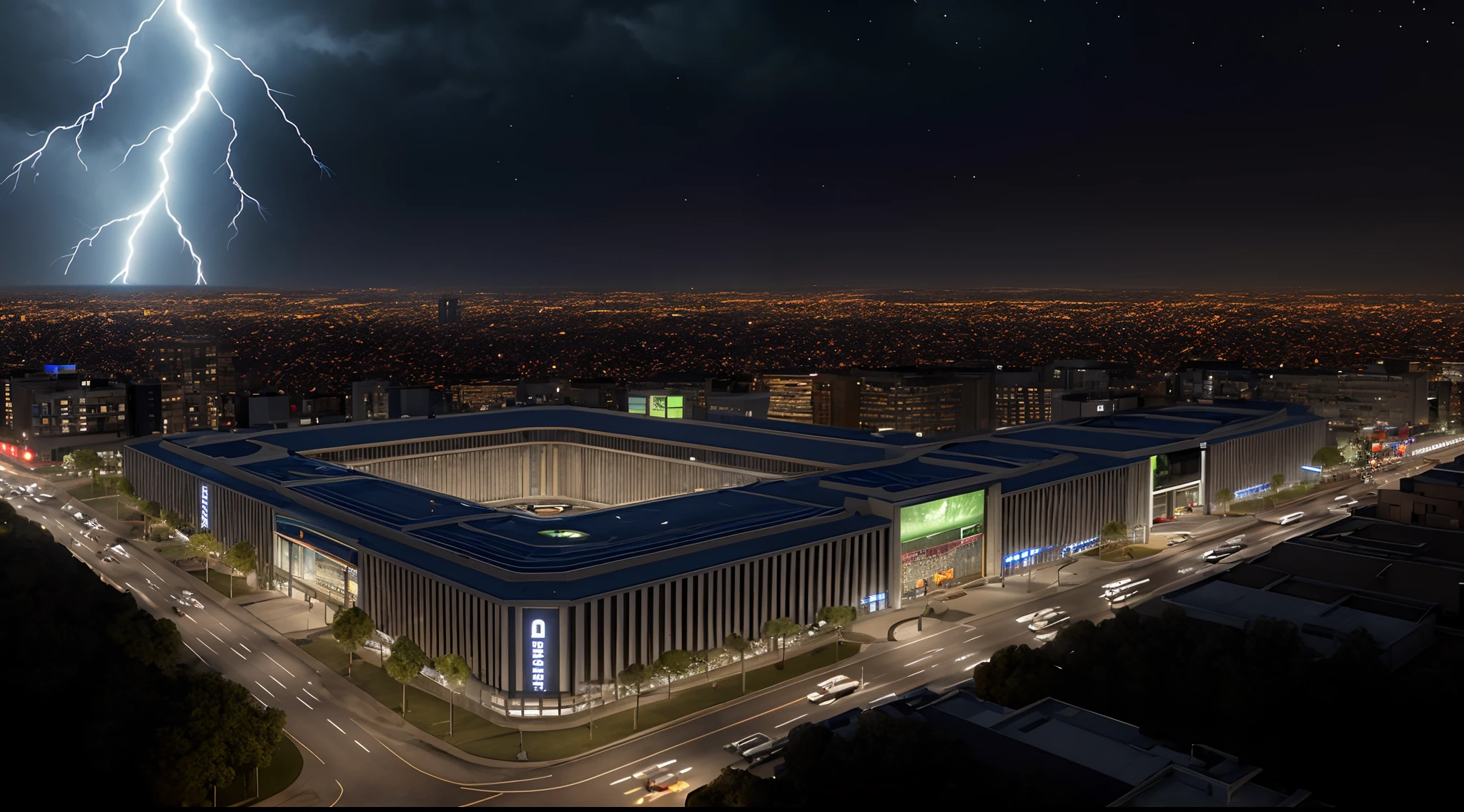 aerial view, Crowcore's masterpiece and the desperate Hyperrealistic Urban Multimedia Art of the Futuristic Style and City Cinema Architecture "Legado Tron", O Fim do Mundo, Tema Campo de batalha, textura ultra-detalhada, chuvas fortes, thunder and lightning, imagem 3d, noite, hora azul, Dark lighting, sombra suave, key capture rendering, CG wallpaper with 8K resolution,
