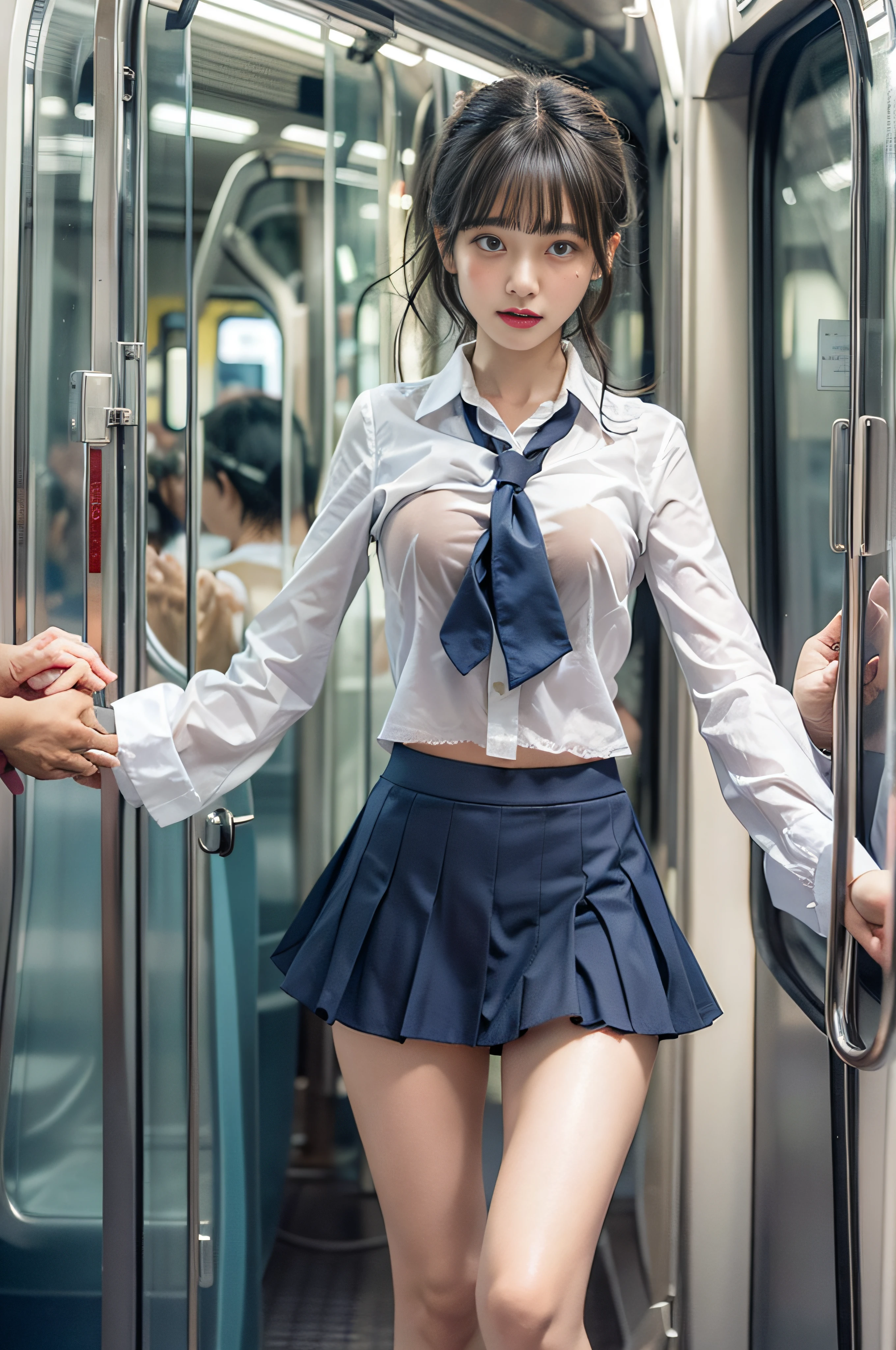 molesting、top-quality、hight resolution、ultra-detailliert、masterpiece、Raw photography:2、realisitic:2、Photorealsitic:2、extremely delicate and beautiful、finely detail、Textured skin、The train in Japan was crowded with several men、1girl in、Solo、Alone:2、Japan schoolgirl in uniform、Sailor suit and navy blue short skirt:1.5、beauitful face:1.5、(slim figure)、small tits、Middle aged man in suit、(Hugging her from behind)、(touching breasts:1.3)、(Other middle-aged men tearing skirts:1.4)、(Middle aged man taking off white panties:1.3)、(Middle aged man touching crotch:1.3)、Only men surround her、(She sheds tears:1.4)、Draw in clear detail whose hand it is、White lace panties、The shape of the woman's pubic area is clearly visible