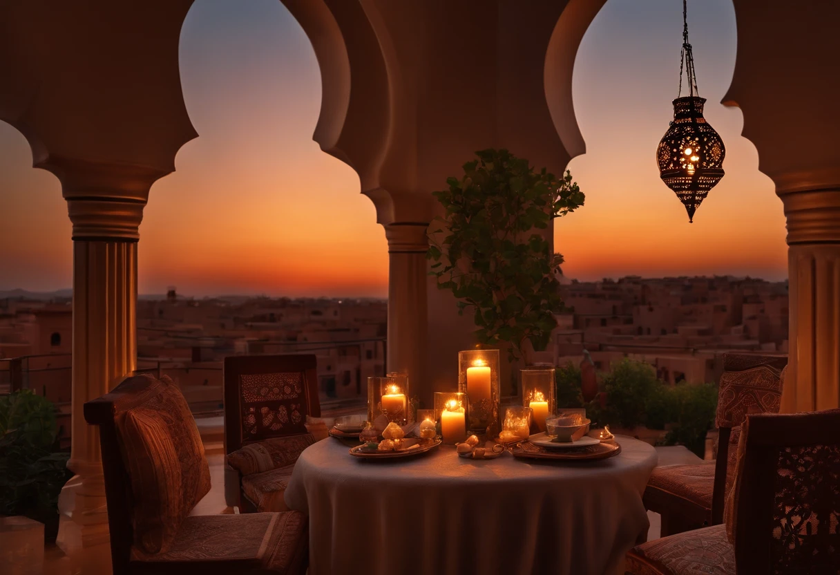 hyper realistic photo, ultra detailed photograph of a beautiful Moroccan rooftop, Amazigh pillows, photorealistic, riad rooftop, Marrakech view, stunning stars in the sky, iridescent, hyperrealism, moroccan lamps, sexy, Ultra photoreal, Intricate details, Ultra detailed, elegant photorealistic, great high details, hyper real photo, 8k, extreme quality, gorgeous roses, exotic, glimmering lights, magical, romantic