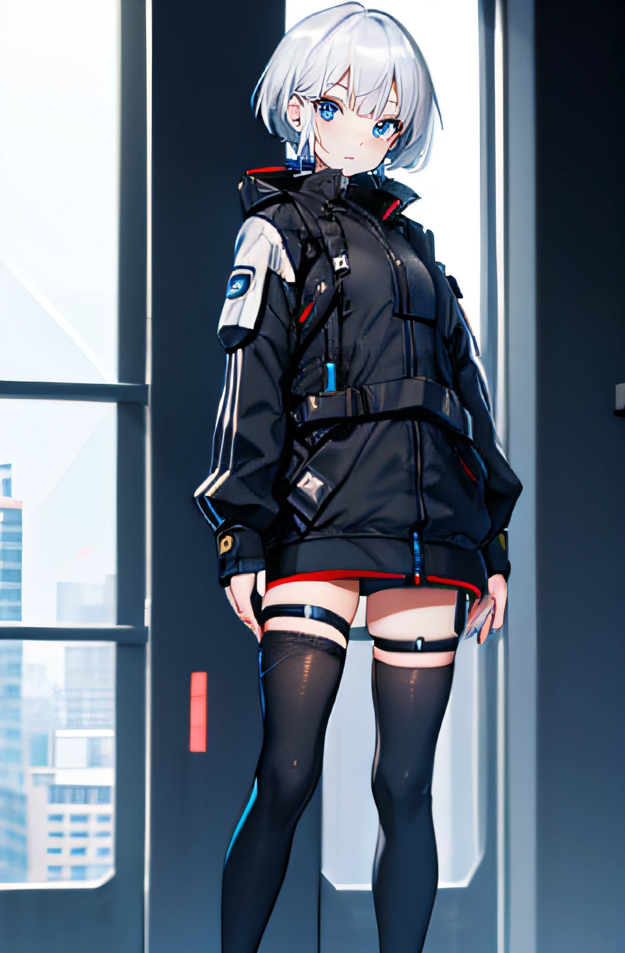 1girl, older, full body, techwear, thigh highs, white hair, blue eyes, ultrasharp, short hair, 8k, looking at viewer