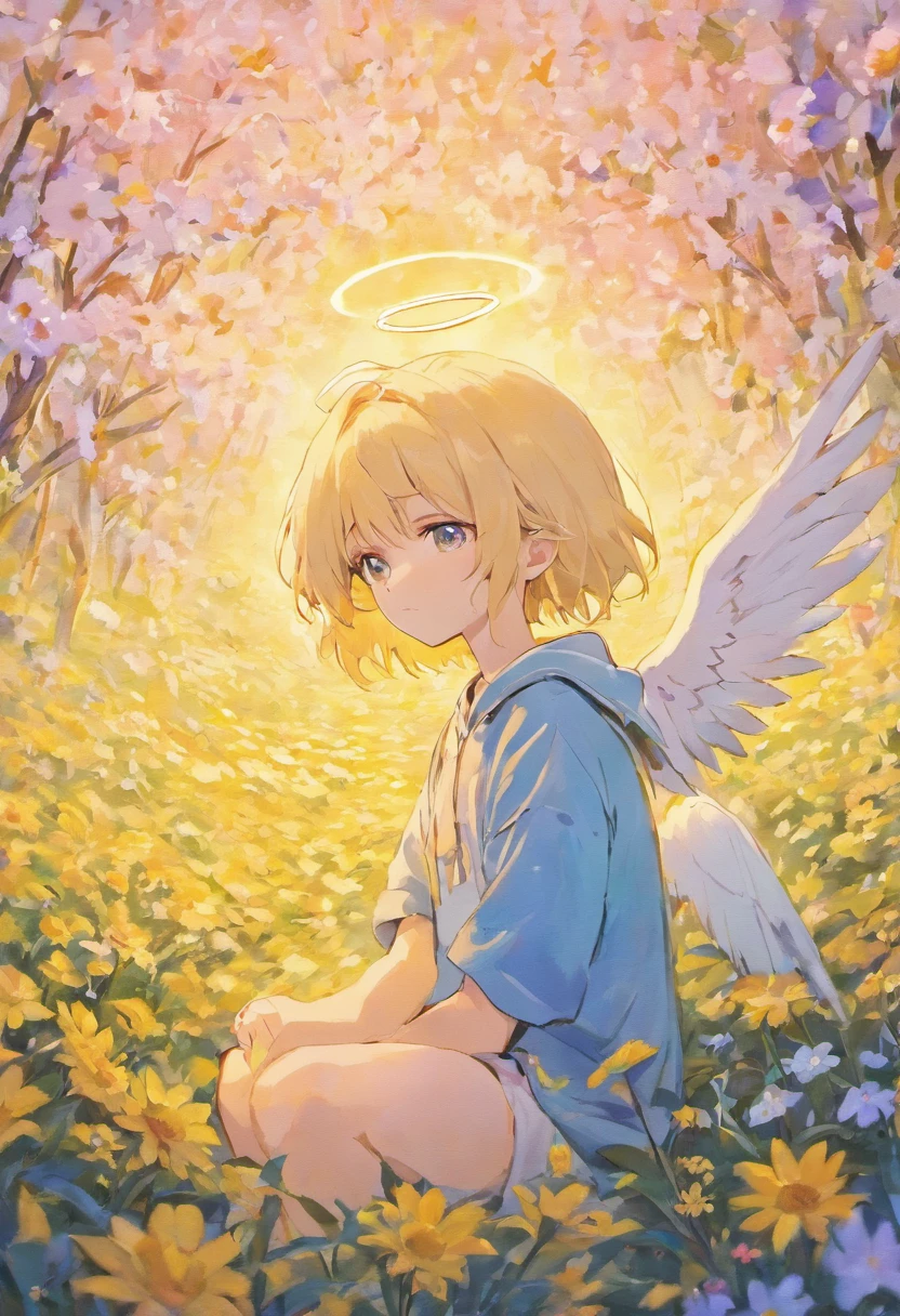 Angel Boy，Anime boy with white wings and halo in a flower field，Guviz-style artwork, Guweiz in Pixiv ArtStation，White sweatshirt，whaite hair，blonde eyes，tiny mouth，