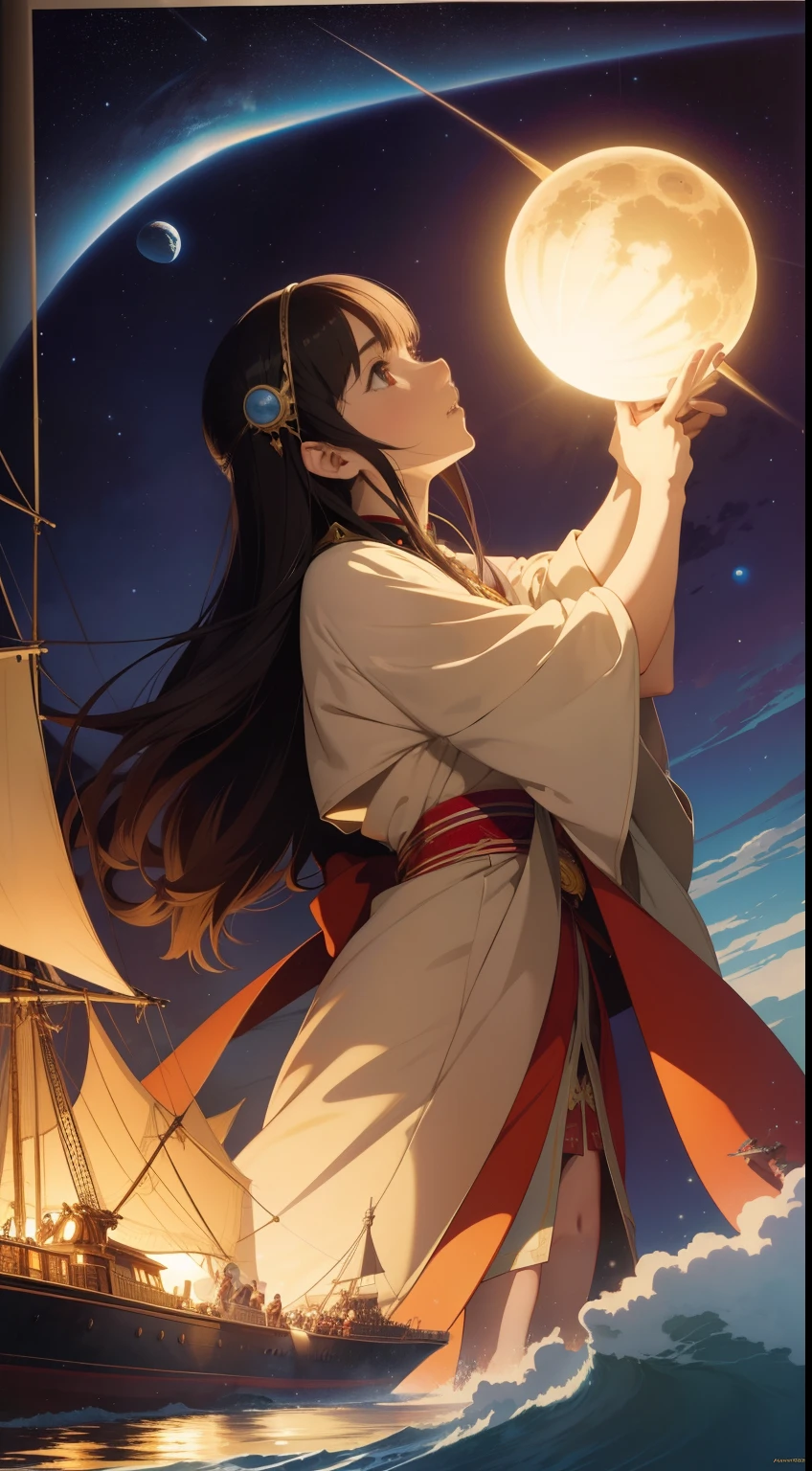 Hayao Miyazaki, Joseph Noel Paton, Jean Giraud, Adam Hughes, Japanese anime, Ship transporting Meteor, hollow sphere, girl’s out, cocktail, hyperdetailed high quality high definition high resolution masterpiece