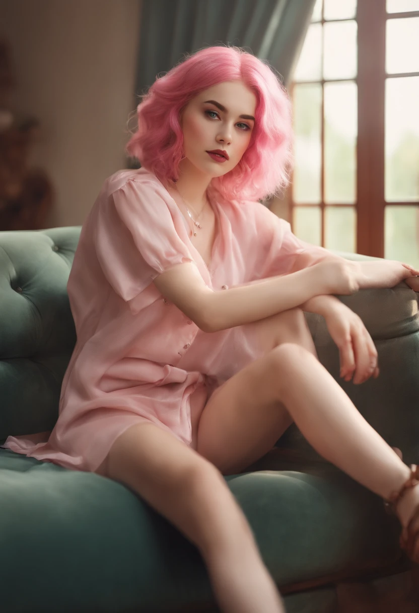 1 girl with pink hair,Sit on a comfortable sofa,Cross ed leg,Soft light
