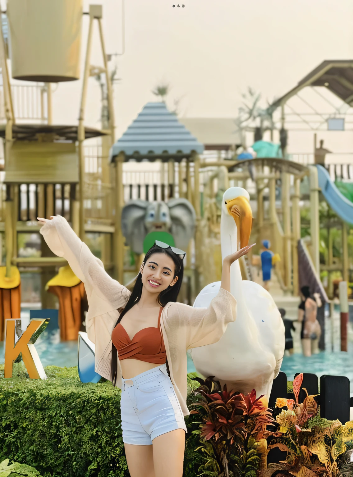 araffe with arms outstretched in the air next to a water park, smooth in _ the background, water park, cindy avelino, aesthetic shot, 🦩🪐🐞👩🏻🦳, in background, actress, photo taken with canon 5d, in the background, trending ,, shot on canon eos r 5, shot on canon eos r5