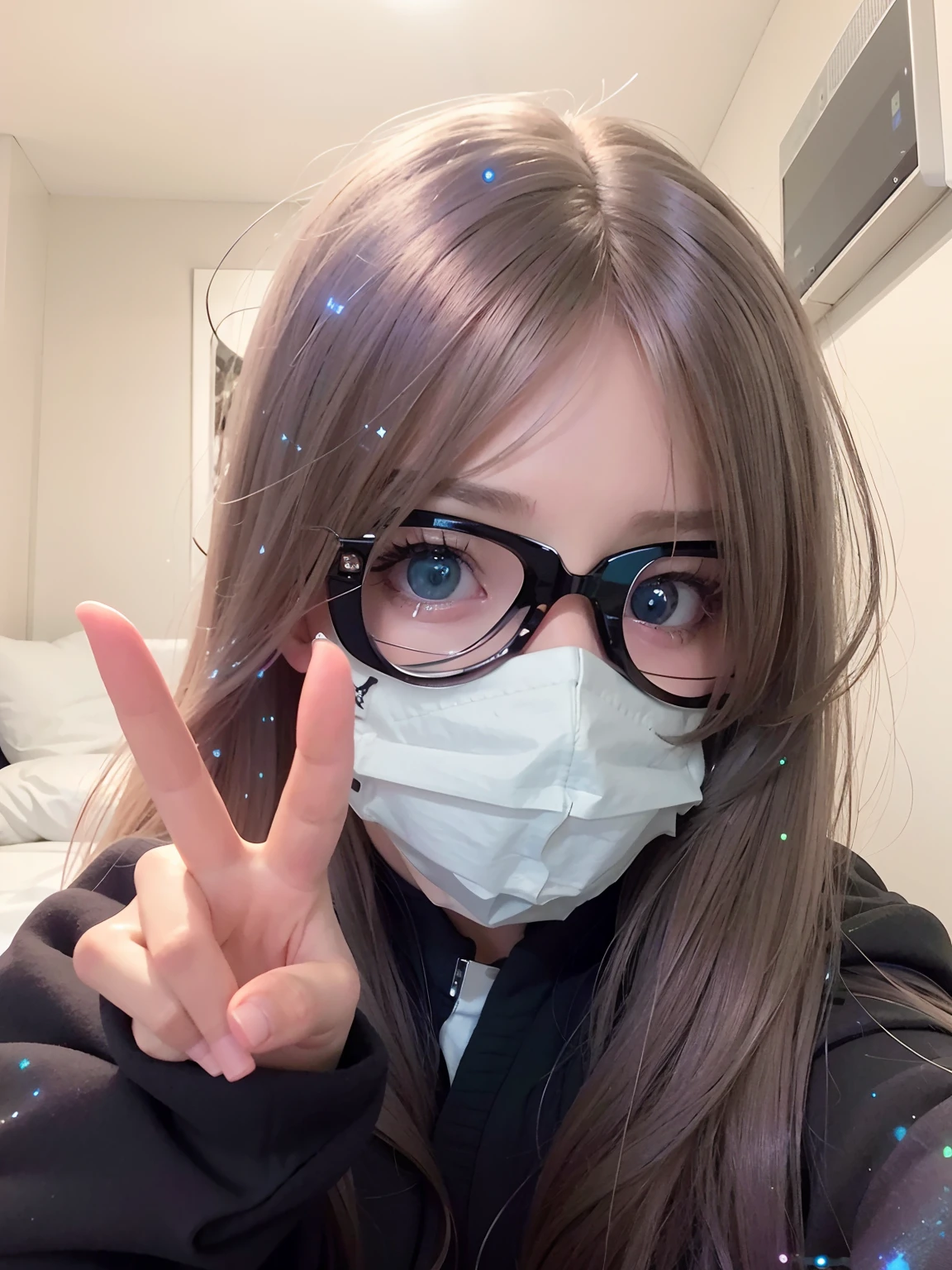 There is a woman wearing glasses and a mask making a peace sign, Realistic anime 3 D style, Photorealistic anime, hyper realistic anime, Anime girl in real life, Realistic anime, Realistic young anime girl, 3 d anime realistic, anime vibes, Anime girl cosplay, semi realistic anime, Anime style. 8K, huge anime eyes, anime-inspired, belle delphine