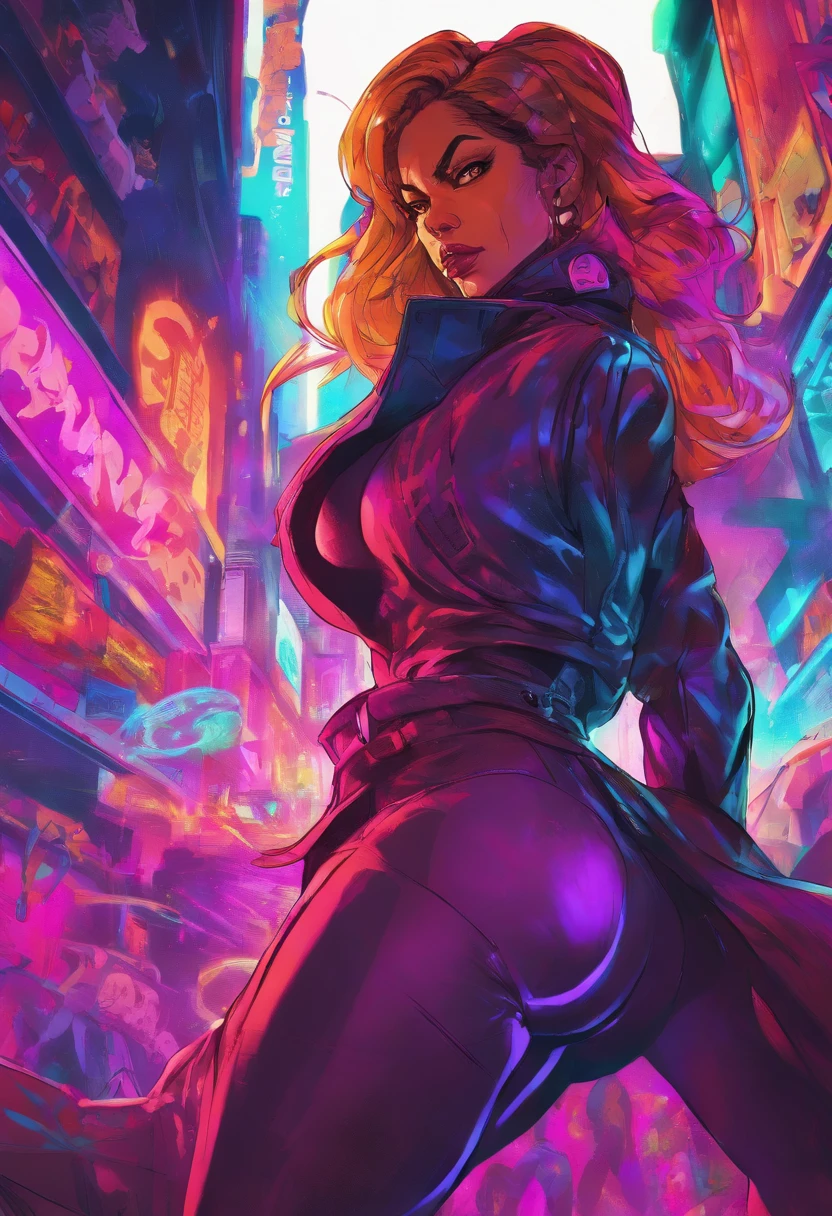 hindquarters, , bubble butt, Elastic butt, (Rear butt view:1.4),(Intense colors:1.5),Close up, Game cover art, 4K, Incredible art, Best quality, gigantic cleavage breasts,Masterpiece, (A MILF:1.2),(Curvy:1.3),(Erected:1.4), (Juicy Carmelto:1.3),30 age old,Bigboobs, (Masterpiece), (Realistic), (Best quality), (Ultra-detailed), Amazing,Dystopian future female cyborg detective, wearing a leather trench coat, With cybernetic eyes and guns in holsters, The background is a city landscape with flashing neon lights.