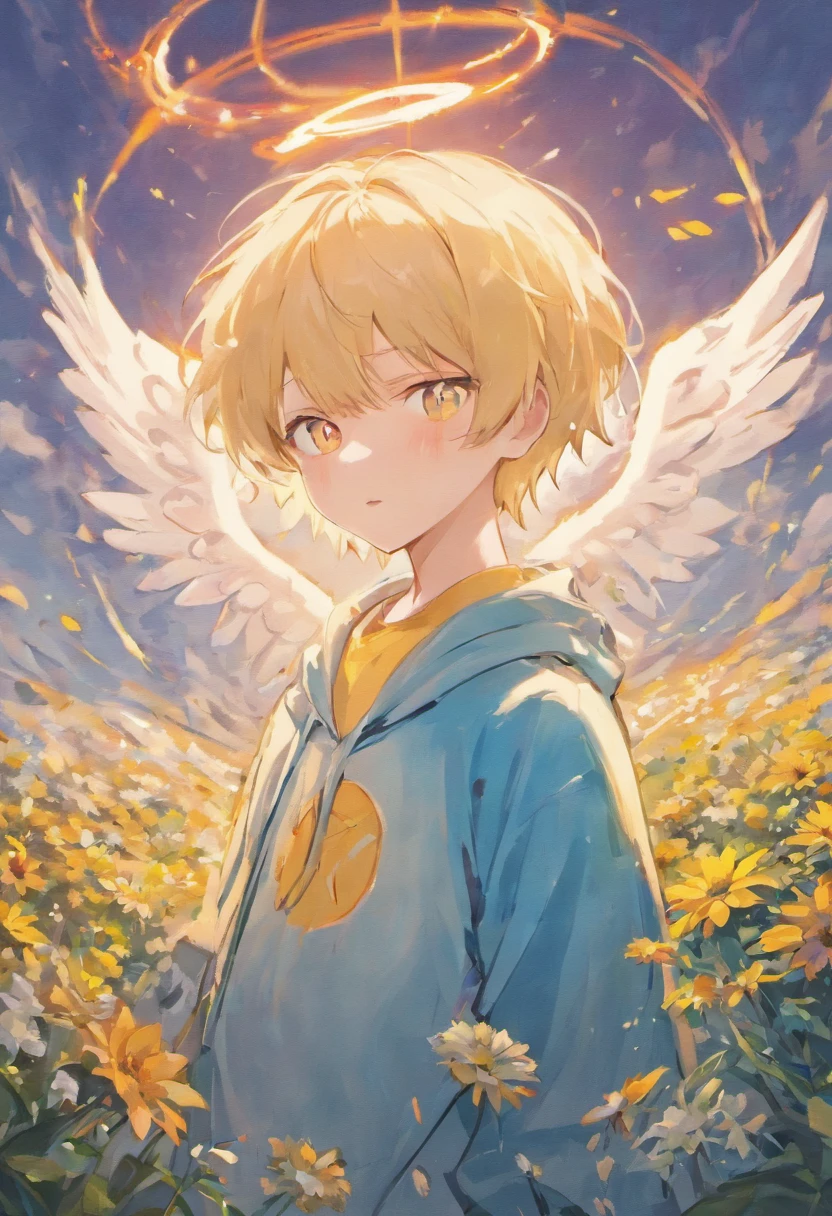 Angel Boy,Anime boy with white wings and halo in a flower field,Guviz-style artwork, Guweiz in Pixiv ArtStation,White sweatshirt,whaite hair,blonde eyes,tiny mouth,schoolboy