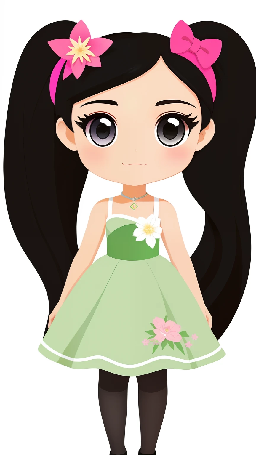 corpo inteiro, various expressions, frente e verso, Multiple angles, A cartoon girl in a green dress with pink bow, cabelos pretos e olhos grandes, princesa , menina vestido, menina com cpreto, princesa feminina bonita, female with long black hair, Chibi, menina de cabelo co, Princesa Bonita, cabelo preto rosto bonito, mulher bonito, menina kawaii bonito, bee digital, Princesa Anime, menina chibi, Clipart