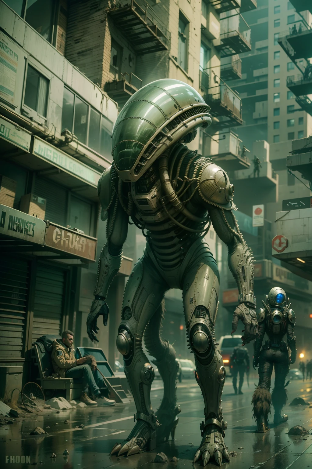Technologically advanced and highly detailed aliens in a post-apocalyptic cityscape.