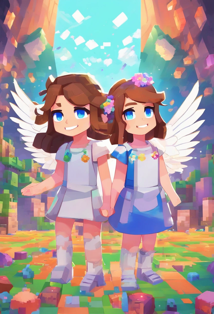 Top quality, Pastel painting, Gentle atmosphere, Twin Girl Angel, Cute, White wings, Smiling happily, Short brown hair of different colors, A blue eye, A green eye, Dresses of different colors, flower hair ornaments, Upper body, looking at viewert, space, meteors, Light,