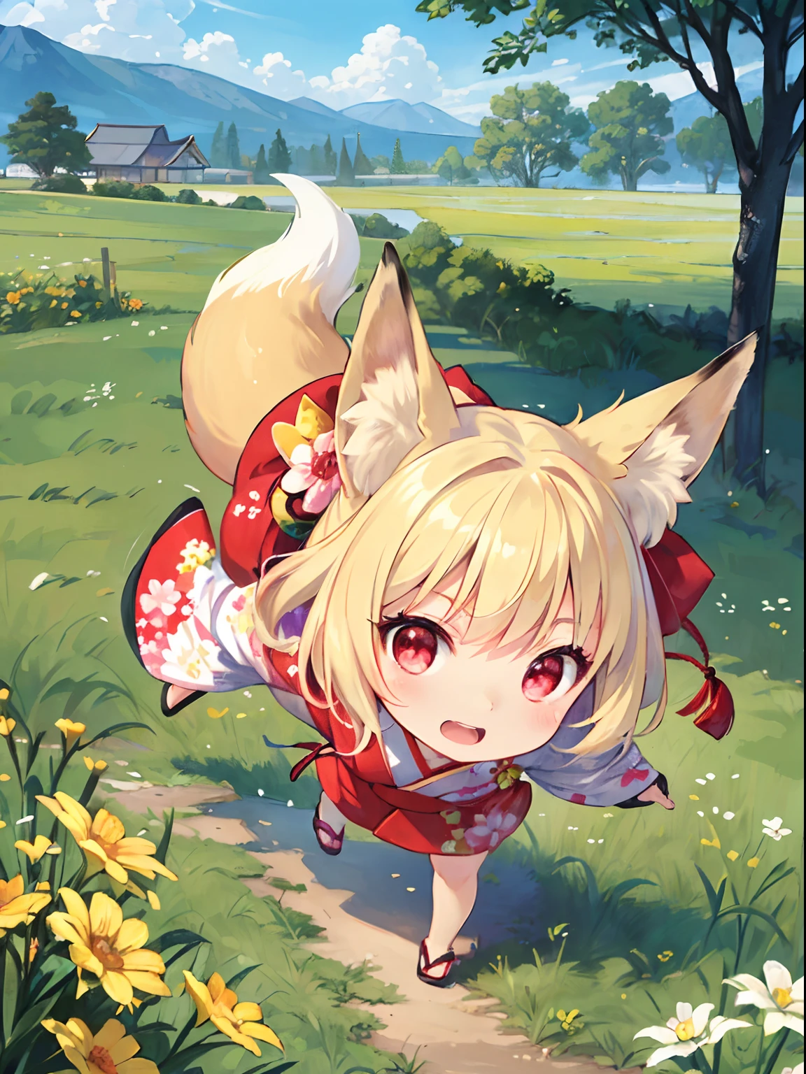 (Best quality), (masterpiece:1.3), (photorealistic:1.36), (realistic), ultra-detailed, Japanese Anime Style, Moe, 1fox, chibi, Big head, Tiny, This depicts a fox disguised as a female, dressed in short kimono clothing, an golden fox with red eyes, Running and jumping in the meadow. Fun, open mouth.