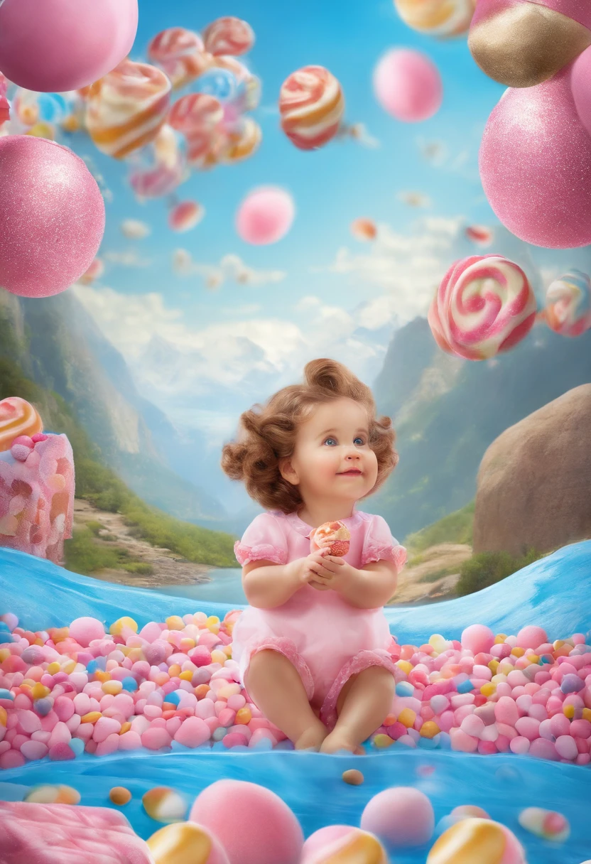 Picture of 1920×1080 size,clear blue skies,A vast world of candy,Square chocolate chip cookie man,A mountain full of candy,A waterfall with pink sparkling water flowing from the top of a high mountain