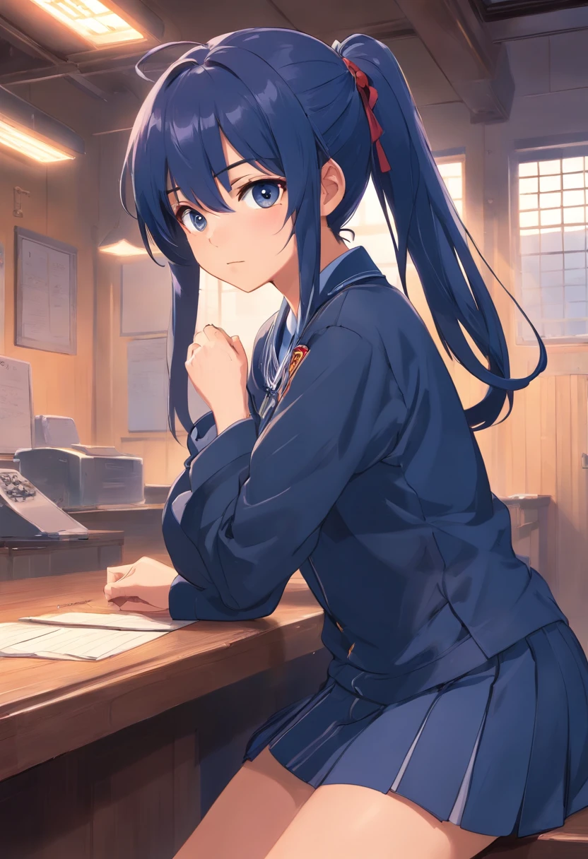 1girl in, soio, Laura S. Alceida (long dark blue hair, Ponytail and side van, tiny chest), (Inspired by the Cold Steel Road) In a school dress showing off her panties, In military schools, embarrassed