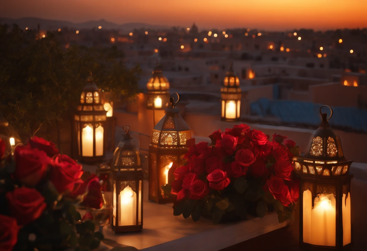 hyper realistic photo, ultra detailed photograph of a beautiful Moroccan rooftop, Amazigh pillows, photorealistic, riad rooftop, Marrakech view, stunning moon in the sky, iridescent, hyperrealism, moroccan lamps, sexy, Ultra photoreal, Intricate details, Ultra detailed, elegant photorealistic, great high details, hyper real photo, 8k, extreme quality, gorgeous roses, exotic, glimmering lights, magical, romantic