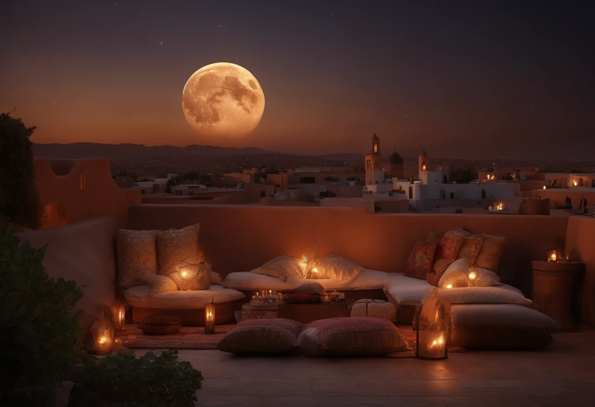 hyper realistic photo, ultra detailed photograph of a beautiful Moroccan rooftop, Amazigh pillows, photorealistic, riad rooftop, Marrakech view, stunning moon in the sky, iridescent, hyperrealism, moroccan lamps, sexy, Ultra photoreal, Intricate details, Ultra detailed, elegant photorealistic, great high details, hyper real photo, 8k, extreme quality, gorgeous roses, exotic, glimmering lights, magical, romantic