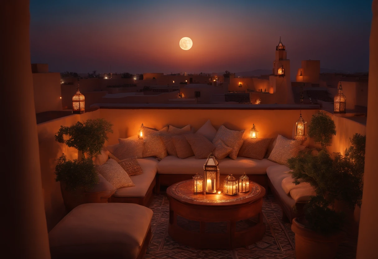 hyper realistic photo, ultra detailed photograph of a beautiful Moroccan rooftop, Amazigh pillows, photorealistic, riad rooftop, Marrakech view, stunning moon in the sky, iridescent, hyperrealism, moroccan lamps, sexy, Ultra photoreal, Intricate details, Ultra detailed, elegant photorealistic, great high details, hyper real photo, 8k, extreme quality, gorgeous roses, exotic, glimmering lights, magical, romantic