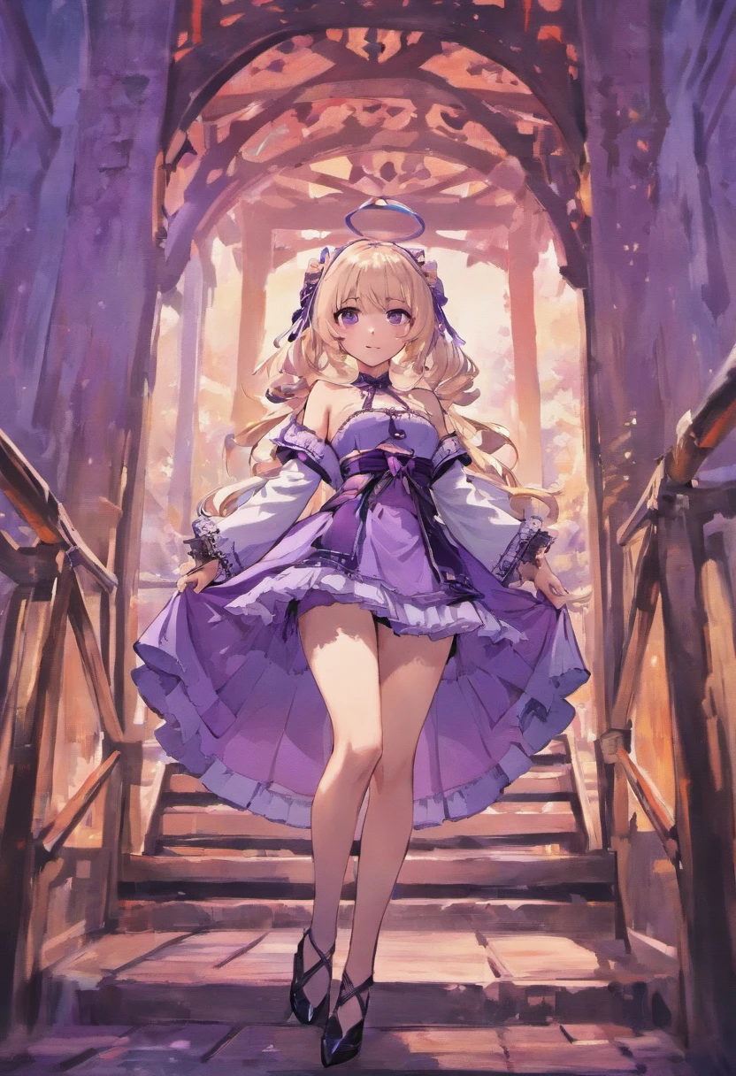 There is a beautiful girl at the bridge in the ancient town,a purple eye,Good-looking eyelashes,Cherry small mouth,Blushing cheeks,Long flowing black hair,Wearing a white bandeau dress,Half of the chest was exposed,Snow-white chest,Deep cleavage,Skirt with black stockings,Wearing purple high heels,High heels with bows tied over them,Hanfu,Lace edges,