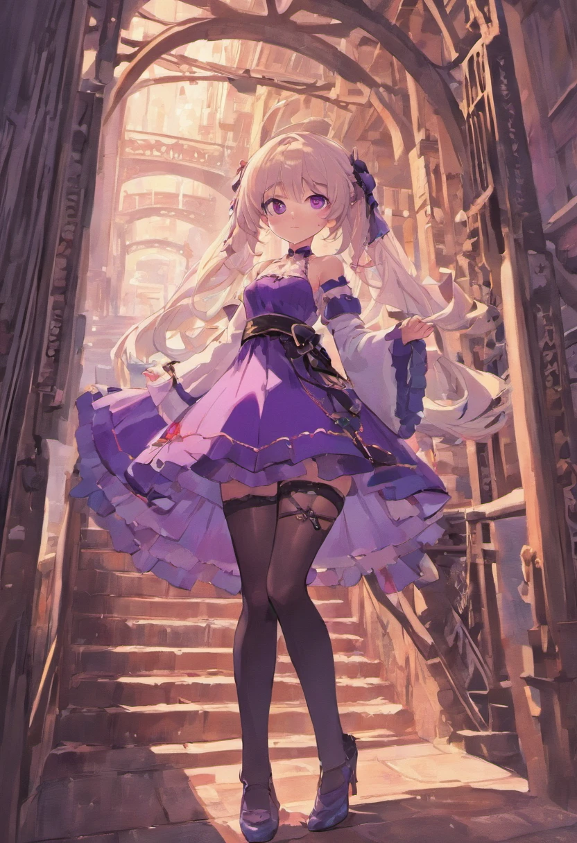 There is a beautiful girl at the bridge in the ancient town,a purple eye,Good-looking eyelashes,Cherry small mouth,Blushing cheeks,Long flowing black hair,Wearing a white bandeau dress,Half of the chest was exposed,Snow-white chest,Deep cleavage,Skirt with black stockings,Wearing purple high heels,High heels with bows tied over them,Hanfu,Lace edges,