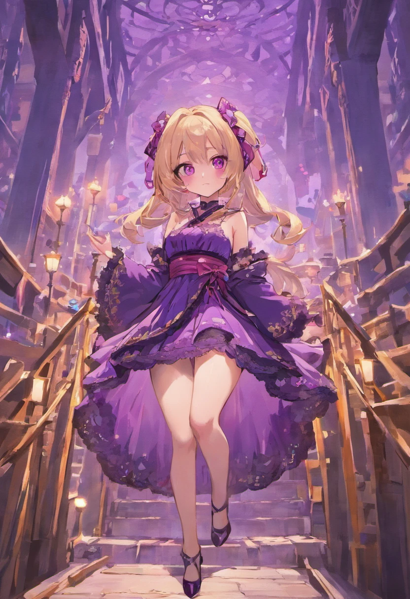 There is a beautiful girl at the bridge in the ancient town,a purple eye,Good-looking eyelashes,Cherry small mouth,Blushing cheeks,Long flowing black hair,Wearing a white bandeau dress,Half of the chest was exposed,Snow-white chest,Deep cleavage,Skirt with black stockings,Wearing purple high heels,High heels with bows tied over them,Hanfu,Lace edges,