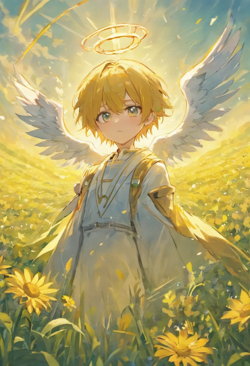 Anime boy with white wings and halo in a flower field,Wings plucked by demons,Guviz-style artwork, Guweiz in Pixiv ArtStation