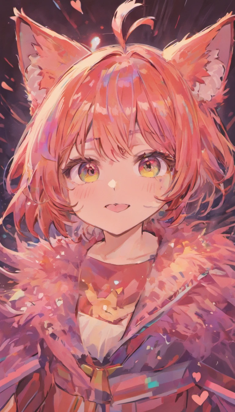 Striped hair, multicolored hair, Short hair, hair pin, Moles under eyes, Heart-shaped pupils, constricted pupil, Fox ears, grin, Anime style, Chiaroscuro, anaglyph, shadowing, Masterpiece, High quality, Best quality, A high resolution