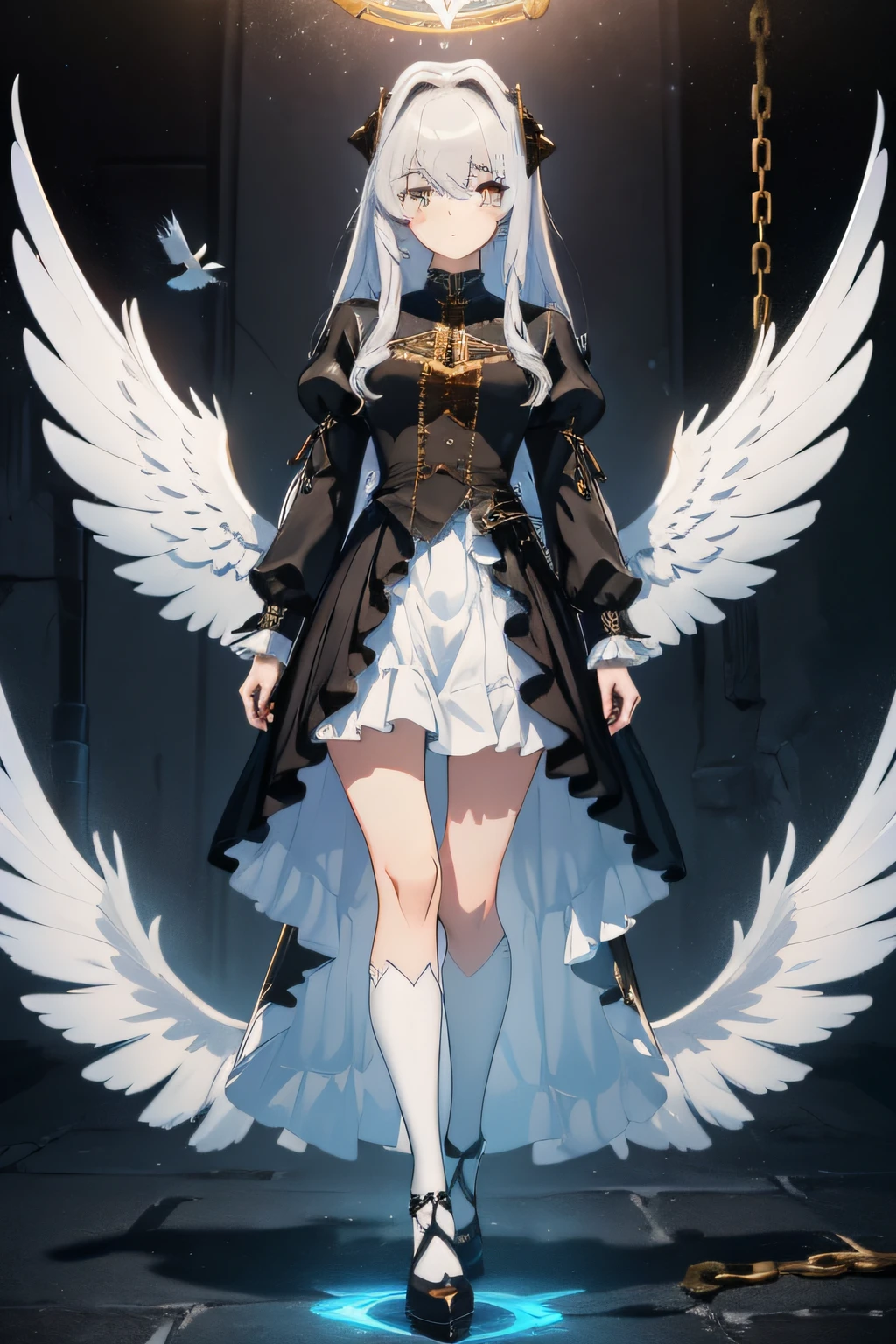 masterpiece,(bestquality),highlydetailed,ultra-detailed,cold,solo,(1girl),(detailedeyes),(shinegoldeneyes),(longliverhair),expressionless,(long sleeves),(puffy sleeves),(white wings),shinehalo,(heavymetal:1.2),(metaljewelry),cross-lacedfootwear (chain),(Whitedoves:1.2)