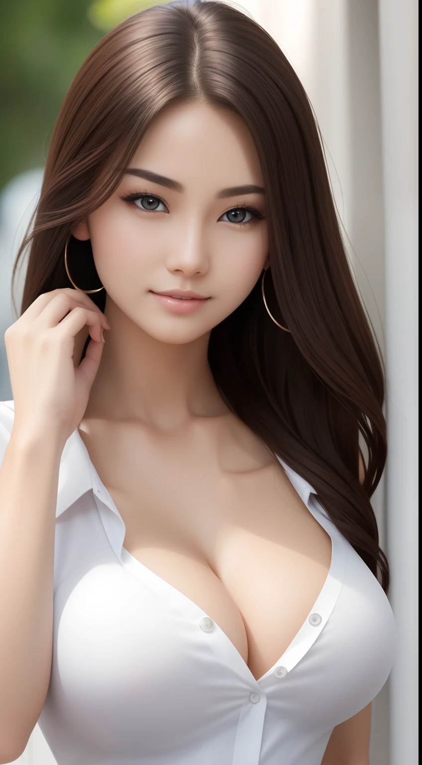 （（best qualtiy，8K，tmasterpiece：1.3）），Clear focus：1.2，one pretty woman，perfect body figure：1.4，Slender abs：1.2，（dark brown  hair，：1.2）），（White button up long shirt：1.1），the city street：1.2，Highly Detailed Face and Skin Textur，fully body photo，Detailed eyes，二重まぶた，gigantic cleavage breasts(Rounded breasts)，Thoroughly exposed