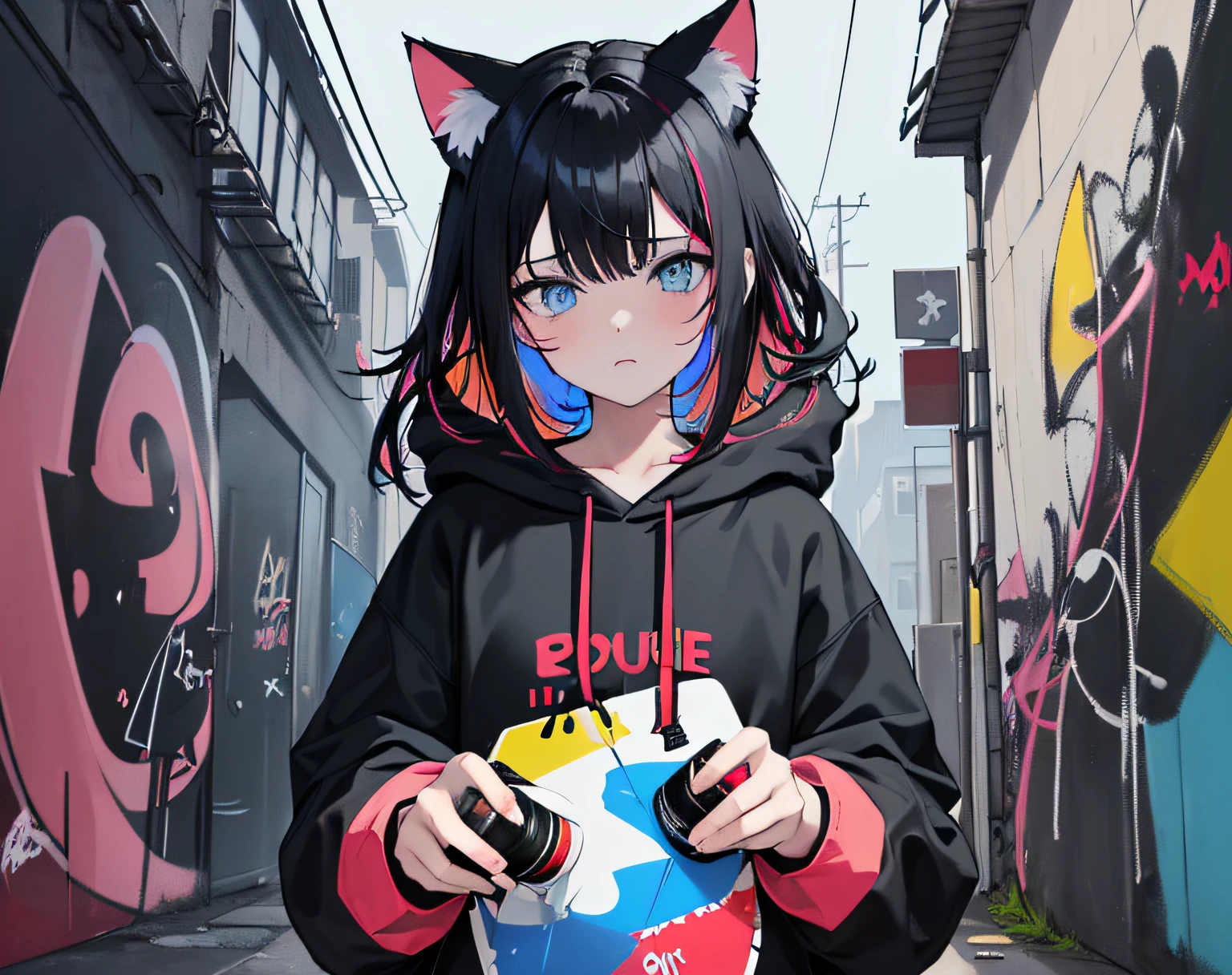 (best quality, masterpiece), (1girl, solo, cat ear black hood, standing, blue eyes, black hair, leaning, upper body), (less light, red blue pink yellow room, red blue pink yellow graffiti behind, disorderly spray cans)