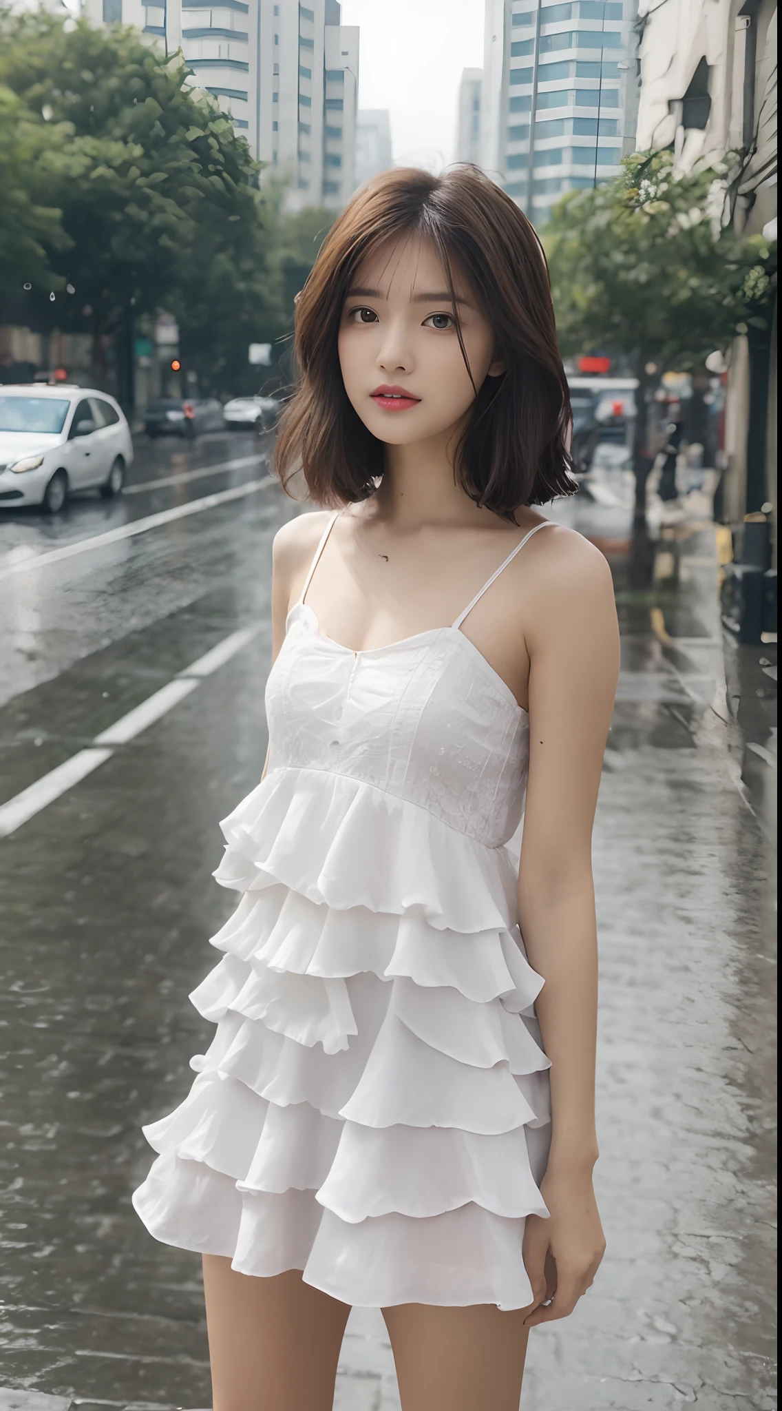 ((Best Quality, 8k, Masterpiece: 1.3)), Focus: 1.2, Perfect Body Beauty: 1.4, Buttocks: 1.2, ((Layered Haircut, Flat Chest: 1.2)), (Rain, Street:1.3), Bandeau Dress: 1.1, Highly Detailed Face and Skin Texture, Fine Eyes, Double Eyelids, Whitened Skin, Long Hair, (Shut Up: 1.3), Full Body