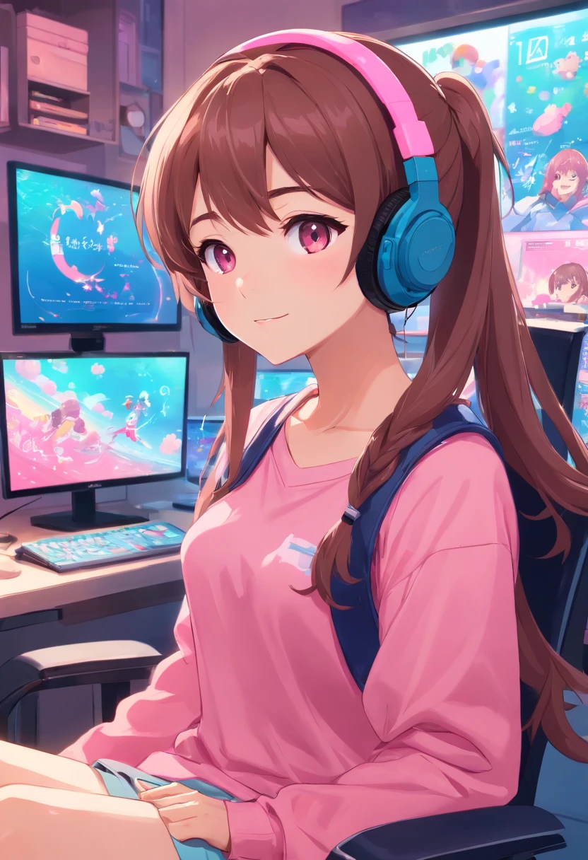 Distributor streamer femele adult lady pink there headphones Brown hair Pink PC pink Gaming Desk Gaming Chair Gaming PC colourfull Gummies plushies Fancy A delightful a smile 发optic net Internet Twintails with long hair from side sitting on kirakira optic distribution subculture creator tshirts