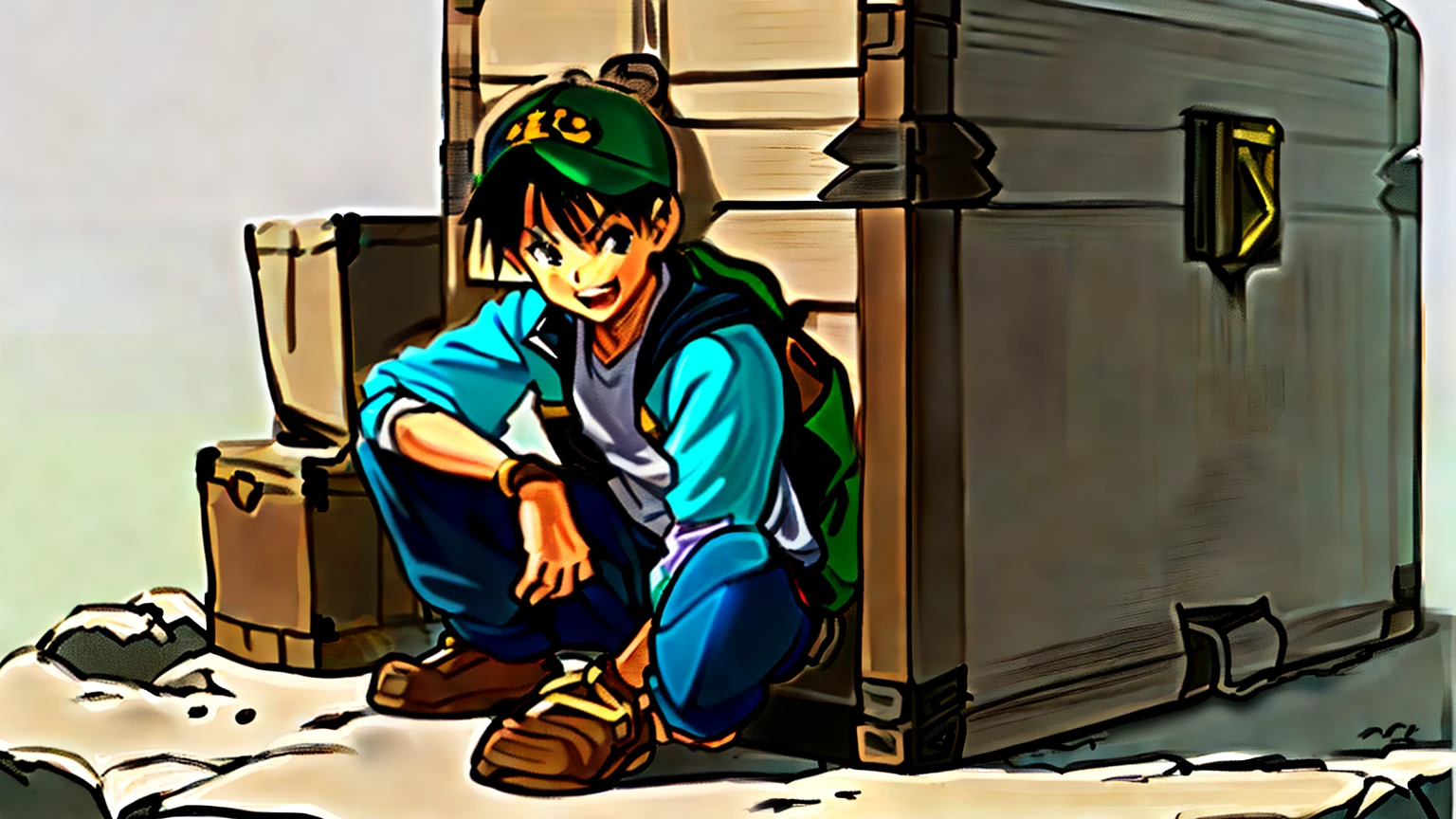 A boy crouched on the ground,Locked the box,Very happy,group portraits,and the sun was shining brightly,Handsome face,Wear adventure clothing,Q version characters,Akira Toriyama,A beautiful illustration