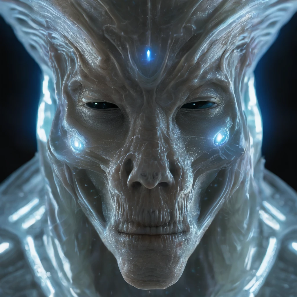 Van Terchall, A translucent ethereal alien，It has refined features in a sci-fi environment, glowing from within, Sparks and lights, Moonlight, Moon, Close-up, Realistic, Highly detailed, Intricate