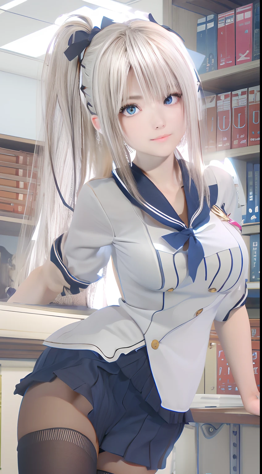 Young,White hair,Double ponytail,full bodyesbian,Lori huge breasts cleavage ,Lovely,perfect bodies,a sailor suit.Student uniforms,White knee socks, white stockings