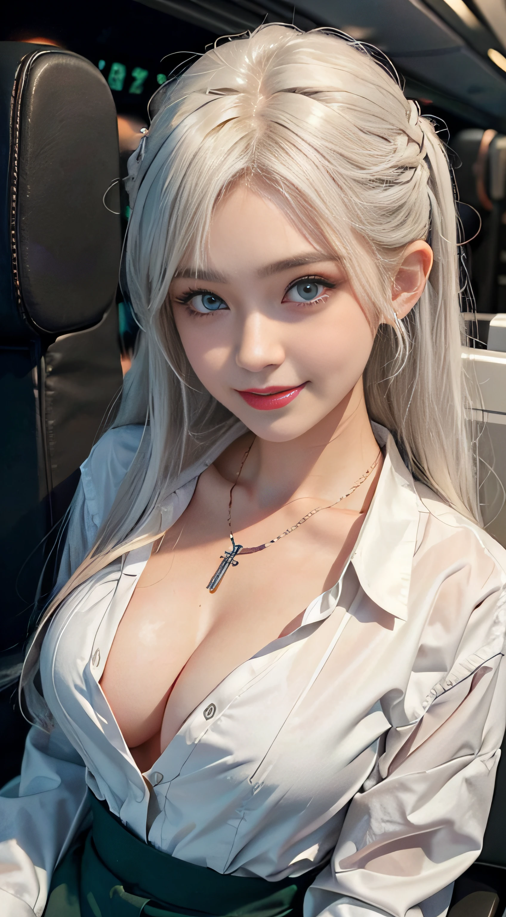 1girll（18yr old）, White hair、A smile full of happiness、Green eye contact, Young face、Omouq、Incredibly cute，Panting Face、in an airplane，Flight attendant attire，Surrounded by a cozy atmosphere，looking at viewert。Casual hairstyle，Redlip，Transparent fabric，flirting with the camera，After being attacked、full of sweat、Expressions in a state of excitement、B cup，dimple，Cross necklace