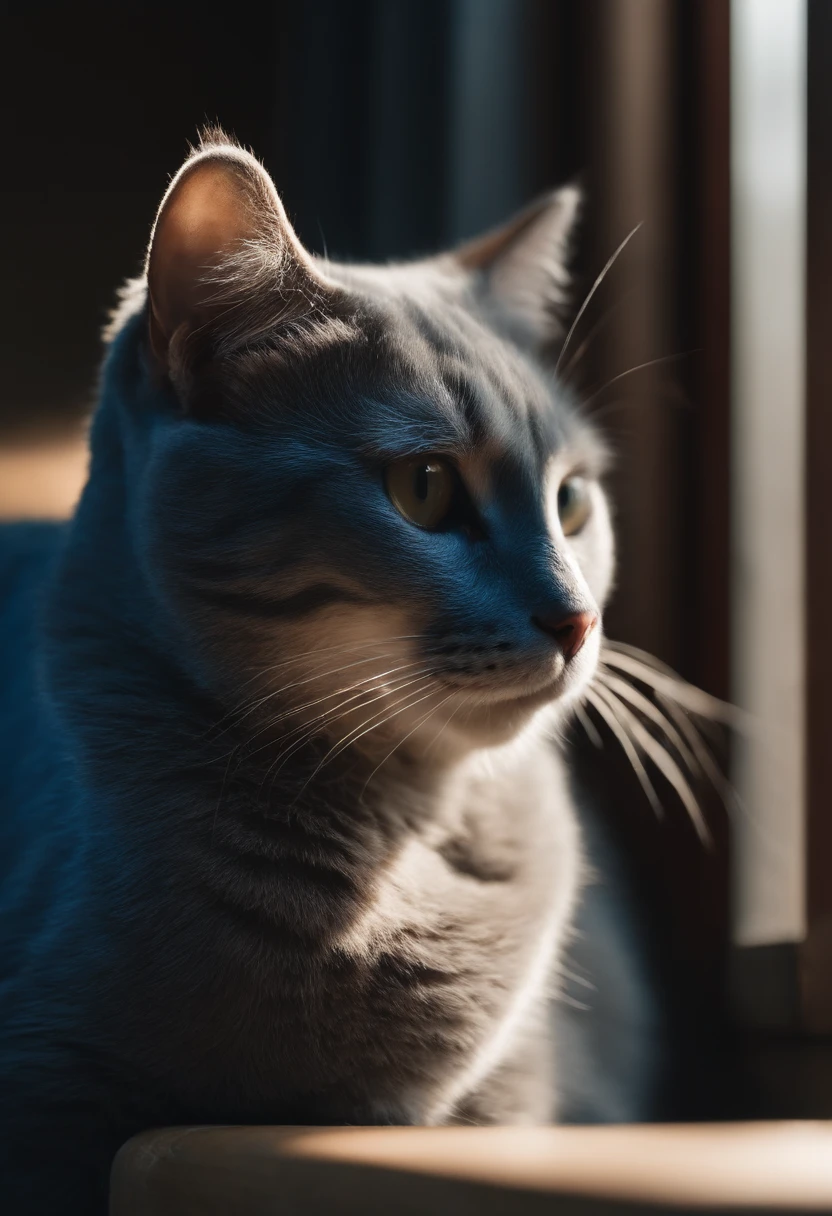 Best quality,A cute blue cat,Blue cat close-up,Round head,largeeyes,Fat Chubby,Lazy,cute big breasts,windowsill,in the early morning,Clear details of cat face,(Photography class realistic 1.4),Tyndall effect,Soft lighting,Bokeh,a picture,