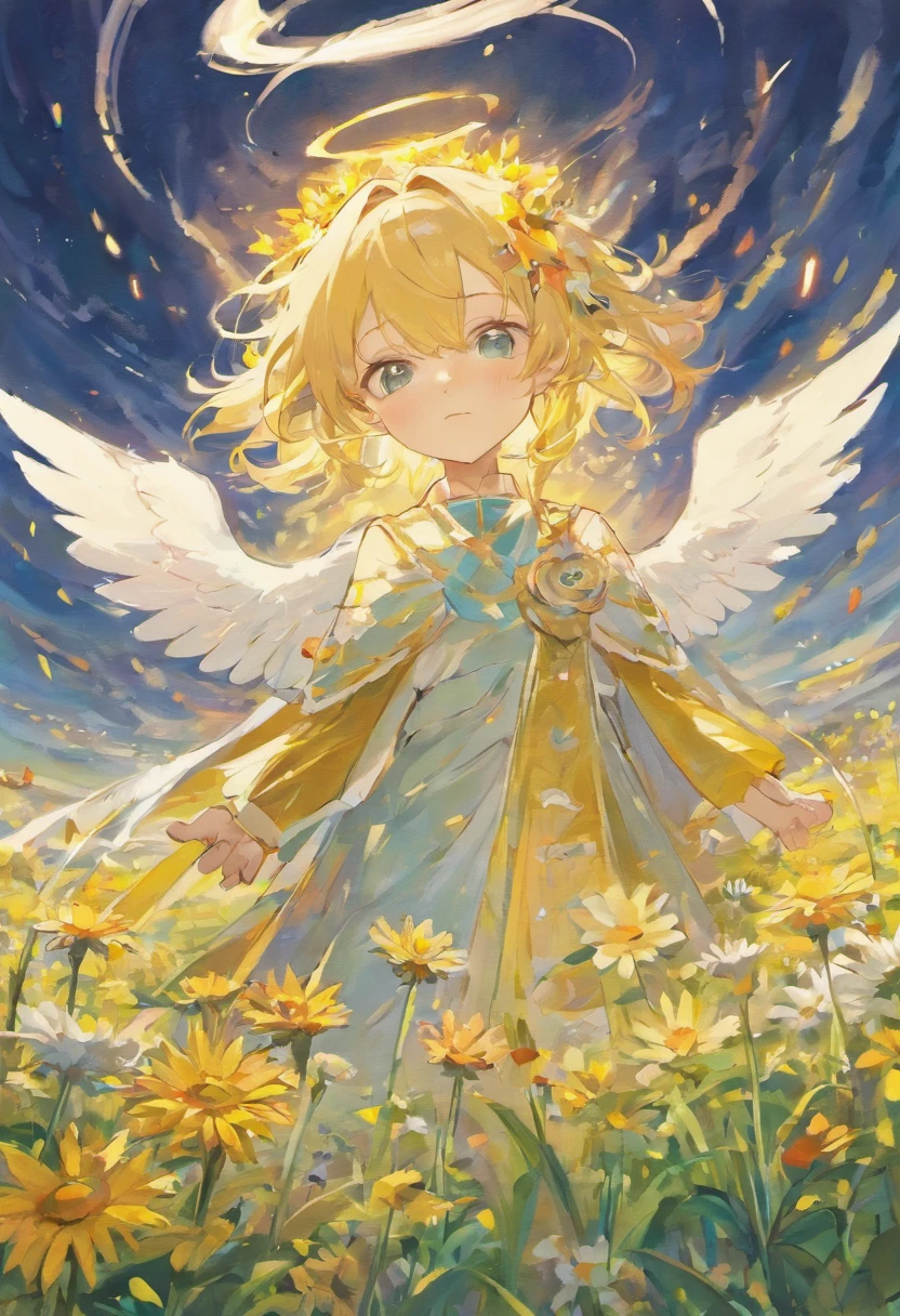 Anime boy with white wings and halo in a flower field is plucked wings by demon boy, beautiful angel, Angel Boy, Guviz-style artwork, Guweiz in Pixiv ArtStation,