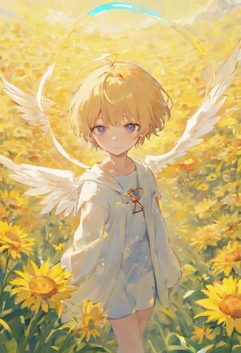 Anime boy with white wings and halo in a flower field is plucked wings by demon boy, beautiful angel, Angel Boy, Guviz-style artwork, Guweiz in Pixiv ArtStation,