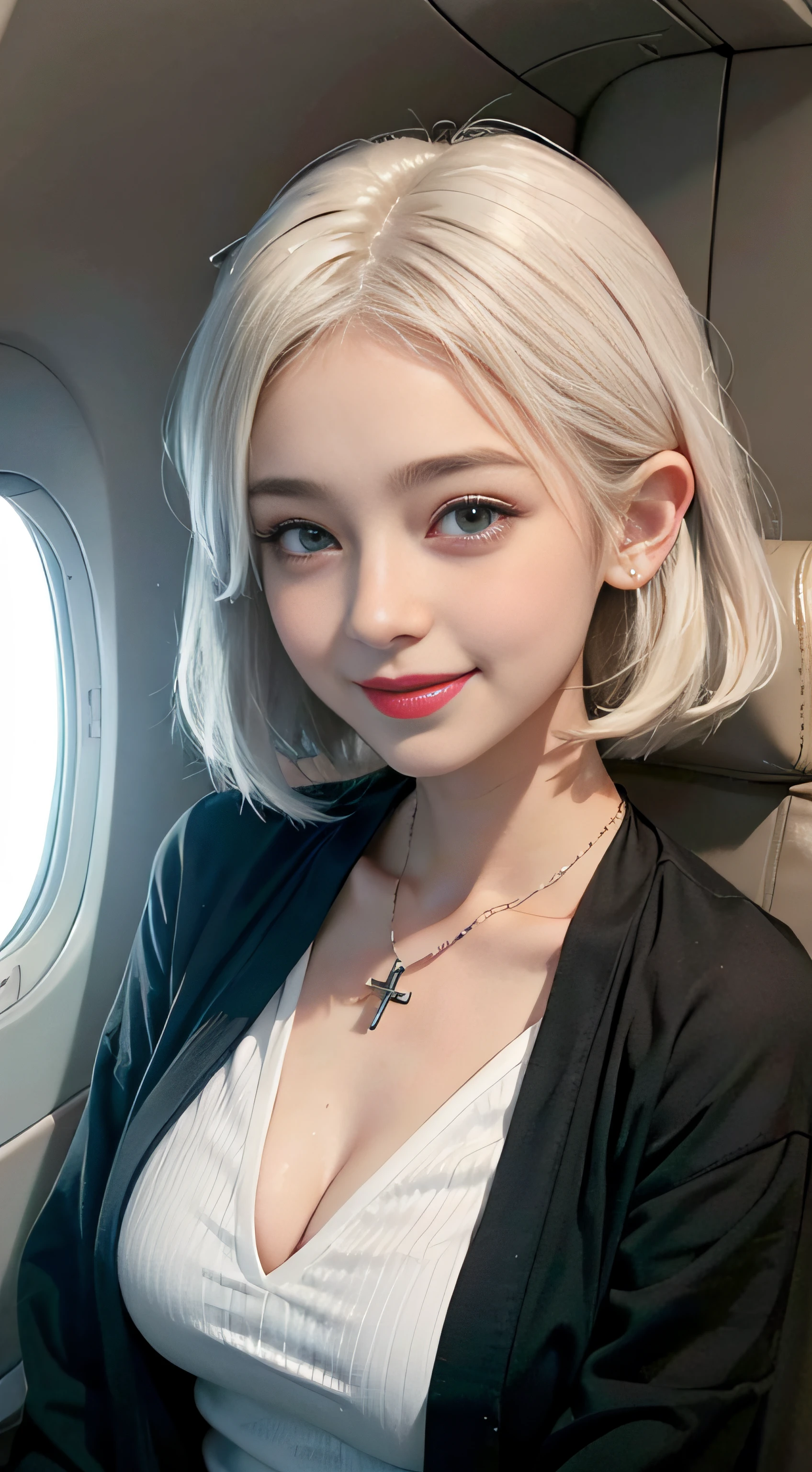 1girll（18yr old）, White hair、A smile full of happiness、Green eye contact, Young face、Omouq、Incredibly cute，Panting Face、in an airplane，Flight attendant attire，Surrounded by a cozy atmosphere，looking at viewert。Casual hairstyle，Redlip，Transparent fabric，flirting with the camera，After being attacked、full of sweat、Expressions in a state of excitement、B cup，dimple，Cross necklace