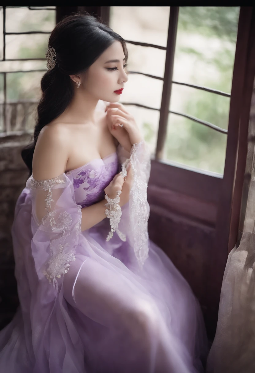 a beauty girl,a purple eye,Good-looking eyelashes,Cherry small mouth,Reddening cheeks,Long flowing black hair,Wearing a white bandeau dress,Half of the chest is exposed,Snow-white chest,Deep cleavage,Black stocking skirt,Wearing purple high heels,high-heels,It is tied with a bow,Hanfu,lace edge