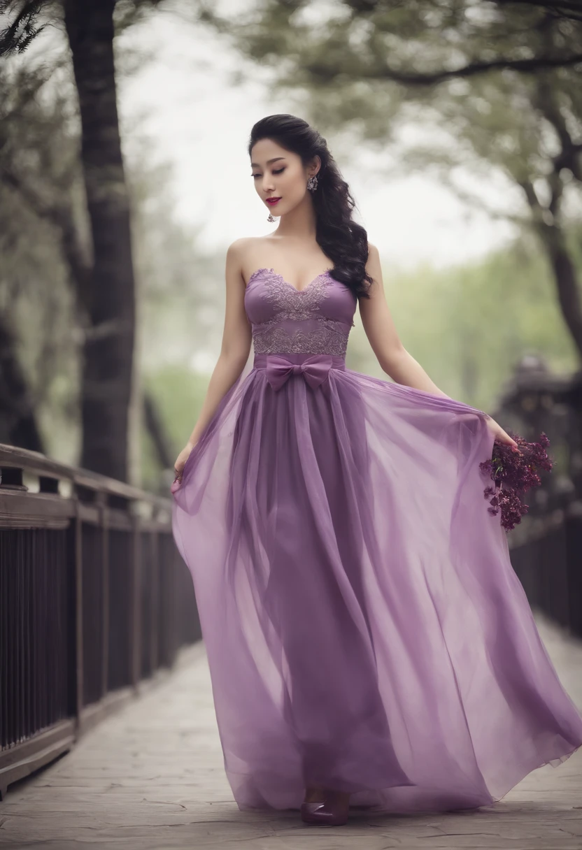 a beauty girl，a purple eye，Good-looking eyelashes，Cherry small mouth，Reddening cheeks，Long flowing black hair，Wearing a white bandeau dress，Half of the chest is exposed，Snow-white chest，Deep cleavage，Black stocking skirt，Wearing purple high heels，high-heels，It is tied with a bow，Hanfu，lace edge