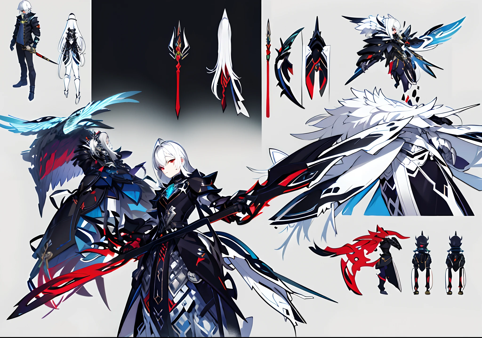 (tmasterpiece,best qualtiy)A detailed,People table,Character sheet,Lots of items(The same person,ancient wind,Black armor,Euphorbia,bow and arrows,big sword,many parts)male people,Silvery-white hair,Black-red eyes,Perfect good-looking face,Correct limbs,be full of details