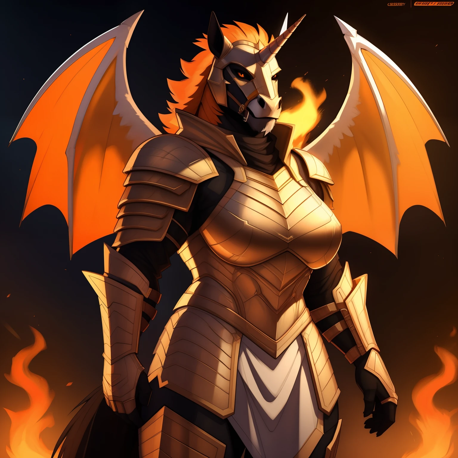 muscular_mature_horse female flaming_orange_mane white_furry_body orange_iris black_sclera slit_pupils solo Masterpiece best_quality absurdres highly_detailed heavy_plate_armor helmet cleanly_drawn_eyes fangs flaming_wings dark_orange_eyeshadow long_white_unicorn_horn horse_snout anthro_only smirk by_claweddrip, by_greasymojo, by_underscore-b, by_runawaystride