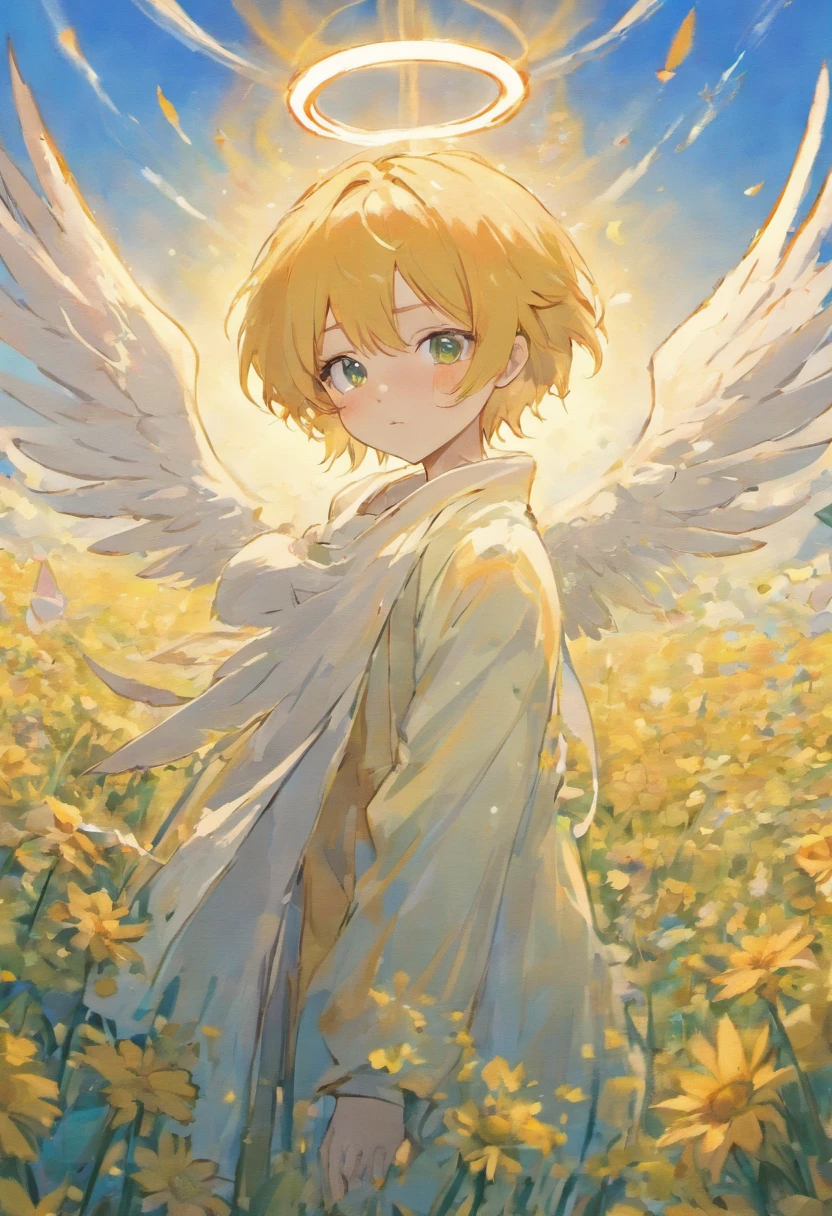 Anime boy with white wings and halo in a flower field is plucked wings by demon boy, beautiful angel, Angel Boy, Guviz-style artwork, Guweiz in Pixiv ArtStation,sad