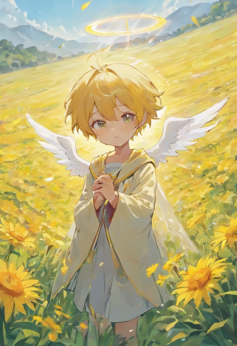 Anime boy with white wings and halo in a flower field is plucked wings by demon boy, beautiful angel, Angel Boy, Guviz-style artwork, Guweiz in Pixiv ArtStation,sad